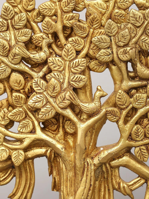 27" Wooden Showpiece with Brass Tree of Life and Hanging Bells on Iron Stand | Home Decor