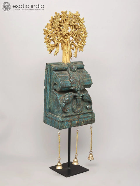 27" Wooden Showpiece with Brass Tree of Life and Hanging Bells on Iron Stand | Home Decor