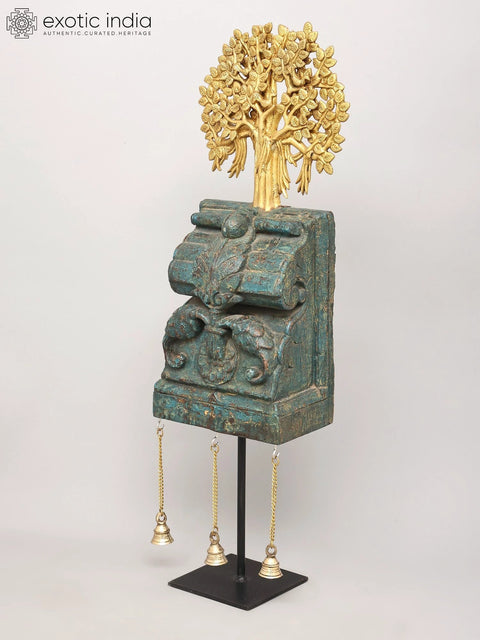 27" Wooden Showpiece with Brass Tree of Life and Hanging Bells on Iron Stand | Home Decor
