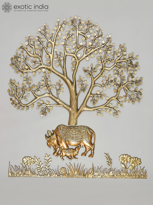 60" Large Cow and Calf Under Kalpavriksha Tree Brass Wall Decor Set