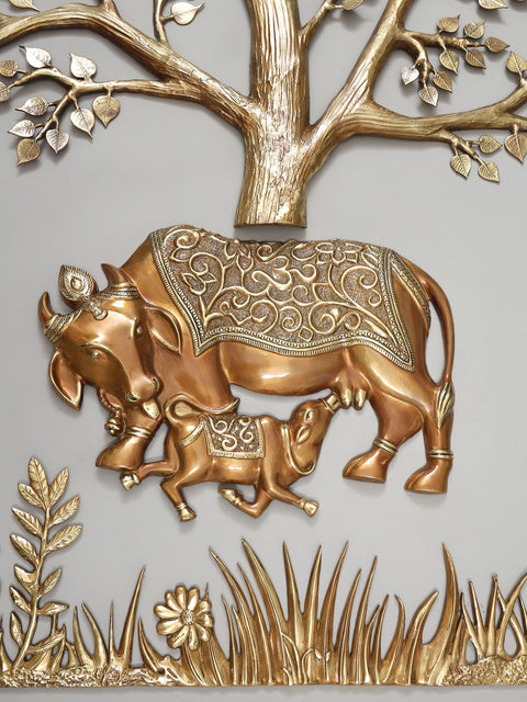 60" Large Cow and Calf Under The Kalpavriksha Tree with Grass and Flowers | Set of Three | Wall Decor