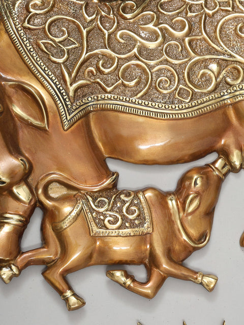 60" Large Cow and Calf Under The Kalpavriksha Tree with Grass and Flowers | Set of Three | Wall Decor