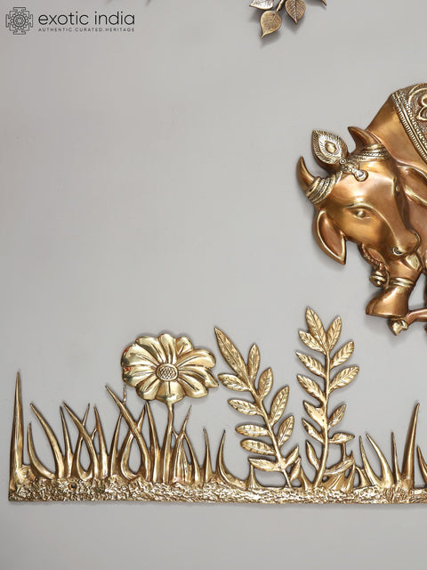 60" Large Cow and Calf Under The Kalpavriksha Tree with Grass and Flowers | Set of Three | Wall Decor