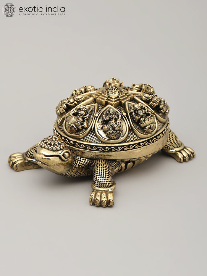6" Brass Vastu Tortoise with Ashtalakshmi and Yantra Statue