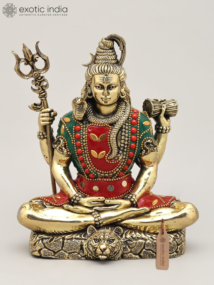 7" Four Armed Sitting Shiva Brass Statue with Inlay Work