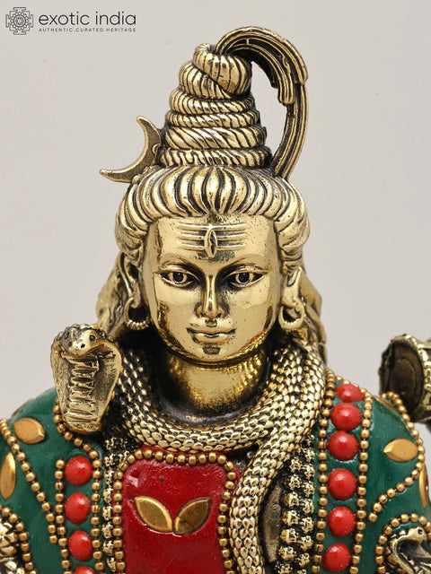 7" Four Hands Sitting Lord Shiva | Brass Statue with Inlay Work