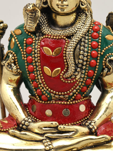 7" Four Hands Sitting Lord Shiva | Brass Statue with Inlay Work