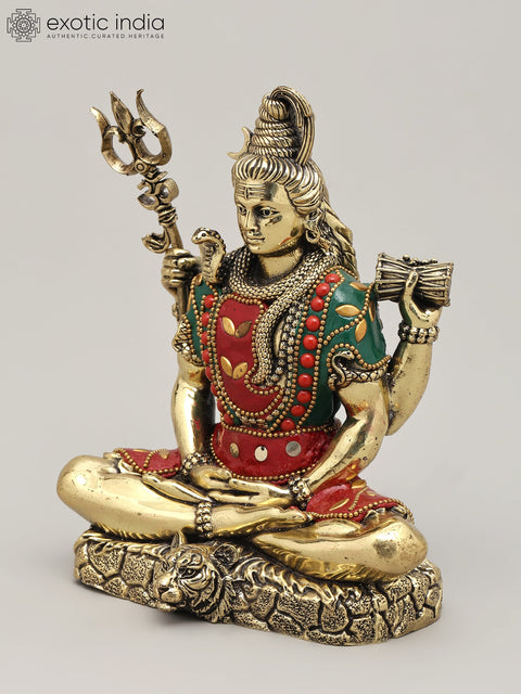 7" Four Hands Sitting Lord Shiva | Brass Statue with Inlay Work