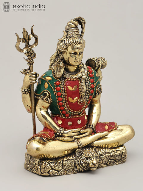 7" Four Hands Sitting Lord Shiva | Brass Statue with Inlay Work