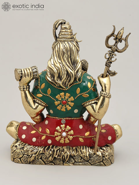 7" Four Hands Sitting Lord Shiva | Brass Statue with Inlay Work