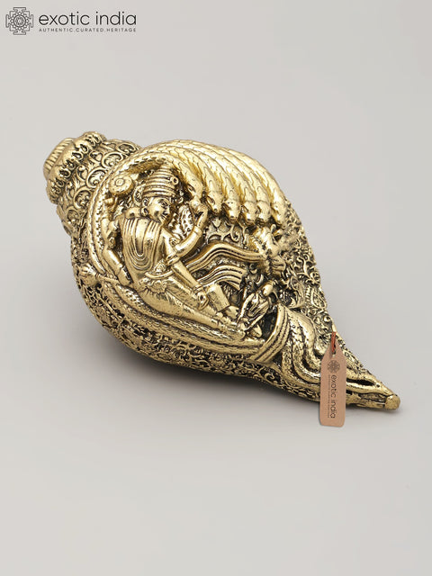 4" Small Superfine Brass Conch (Shankh) with Shesha-Shayi Lord Vishnu