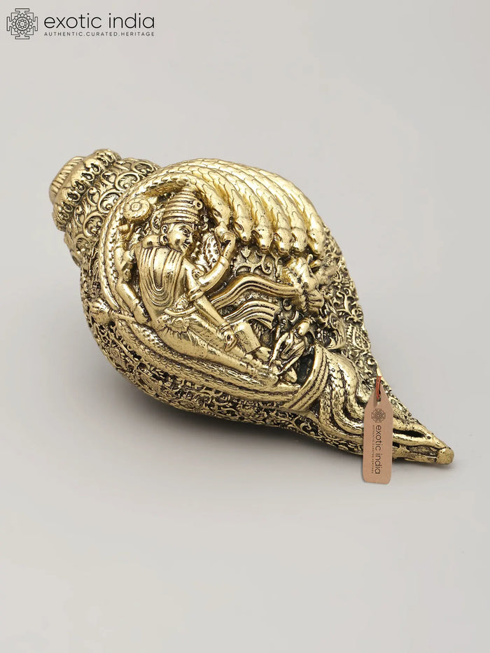 4" Small Superfine Brass Conch (Shankh) with Shesha-Shayi Lord Vishnu