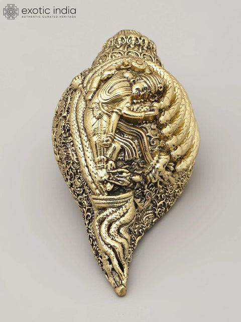 4" Small Superfine Brass Conch (Shankh) with Shesha-Shayi Lord Vishnu