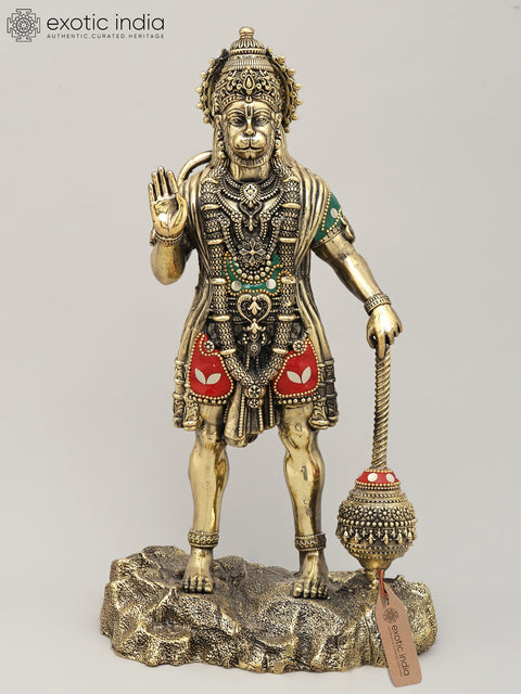 12" Superfine Standing Lord Hanuman in Blessing Gesture | Brass Statue with Inlay Work