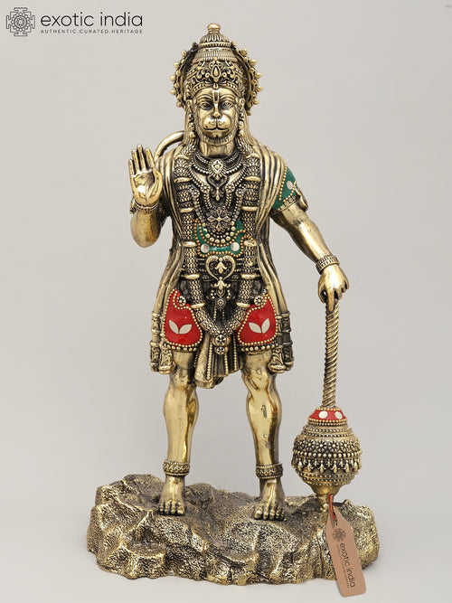 12" Standing Lord Hanuman Brass Statue with Blessing Gesture