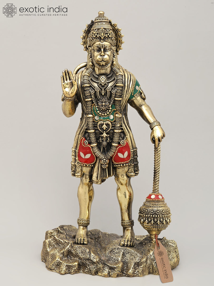 12" Standing Lord Hanuman Brass Statue with Blessing Gesture
