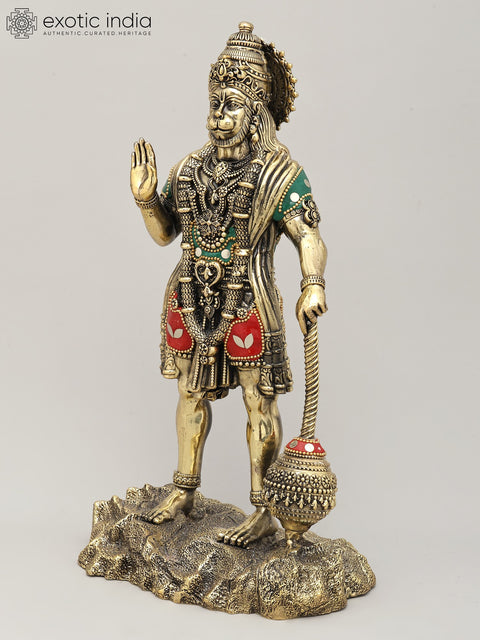 12" Superfine Standing Lord Hanuman in Blessing Gesture | Brass Statue with Inlay Work