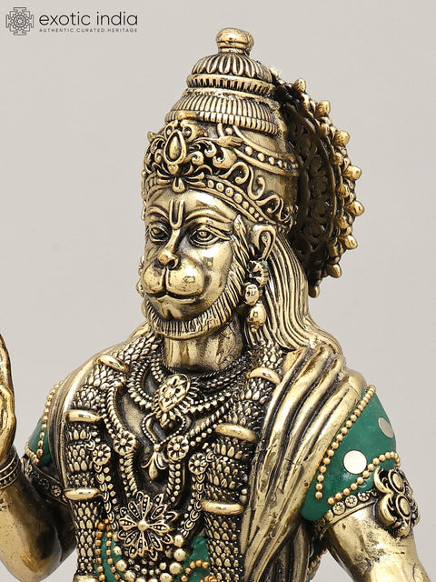 12" Superfine Standing Lord Hanuman in Blessing Gesture | Brass Statue with Inlay Work