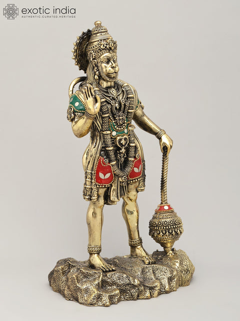 12" Superfine Standing Lord Hanuman in Blessing Gesture | Brass Statue with Inlay Work