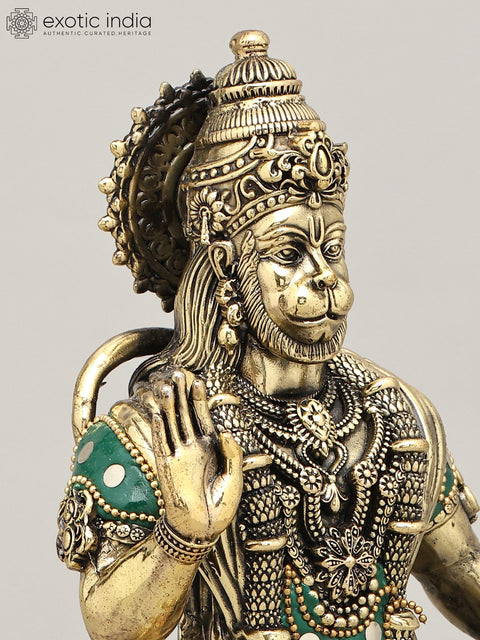 12" Superfine Standing Lord Hanuman in Blessing Gesture | Brass Statue with Inlay Work