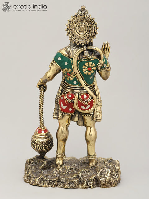 12" Superfine Standing Lord Hanuman in Blessing Gesture | Brass Statue with Inlay Work