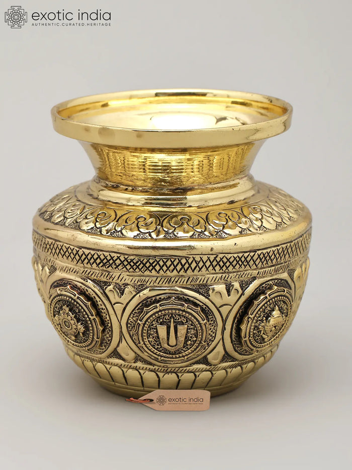 Brass Superfine Kalash with Vaishnava Symbols - Handmade Pooja Idol