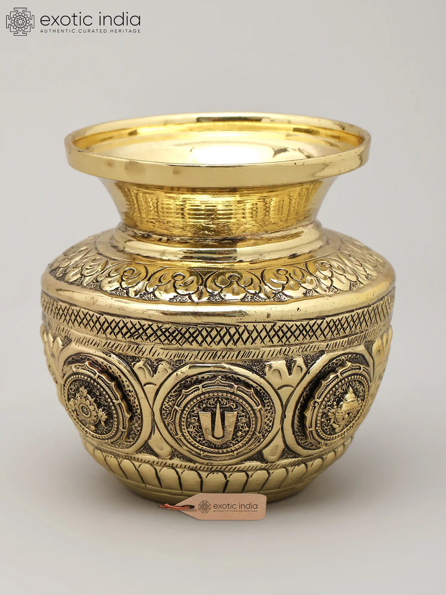 Brass Superfine Kalash with Vaishnava Symbols - Handmade Pooja Idol