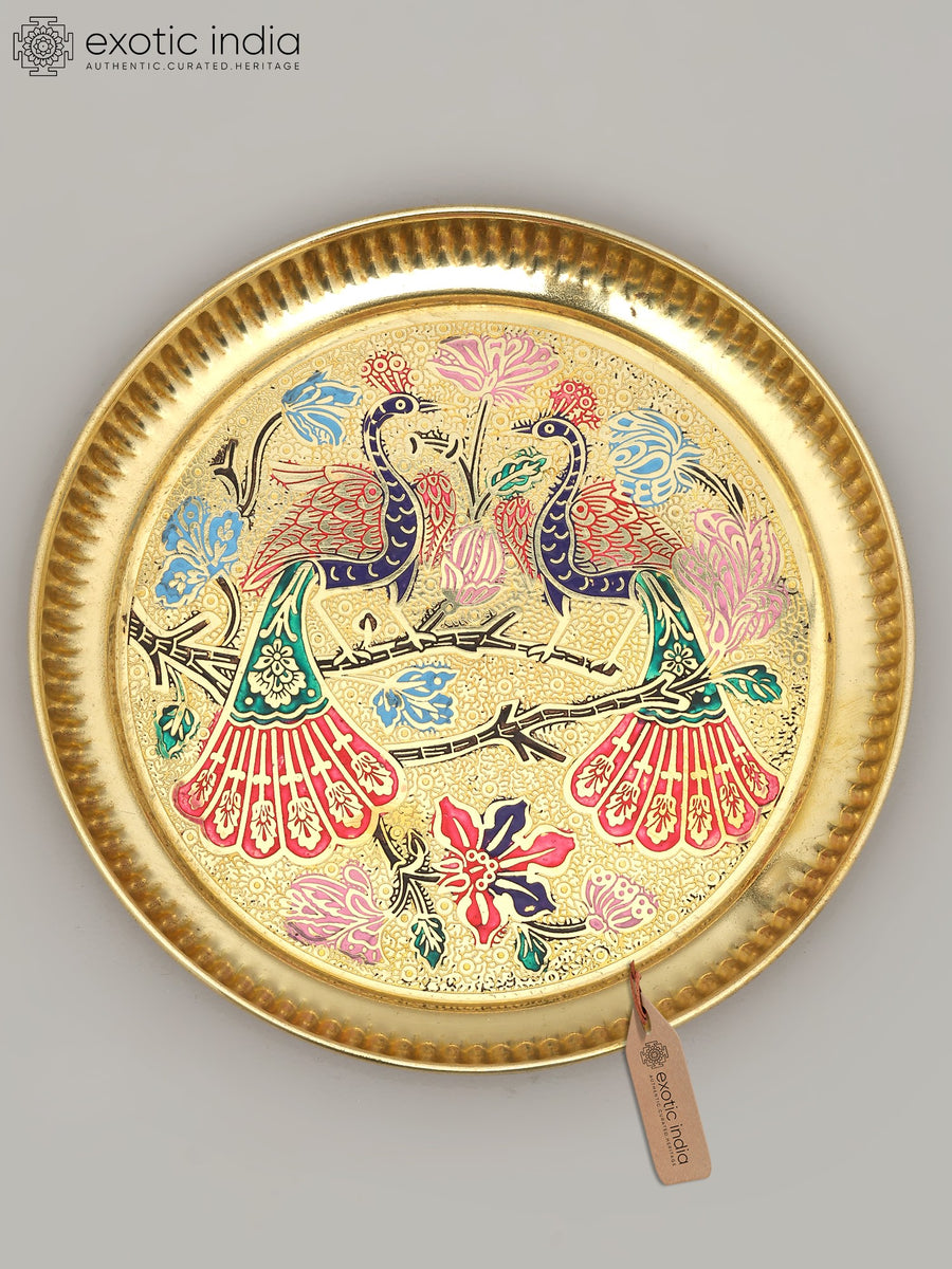 6" Meenakari Peacocks Handmade Brass Ritual Plate