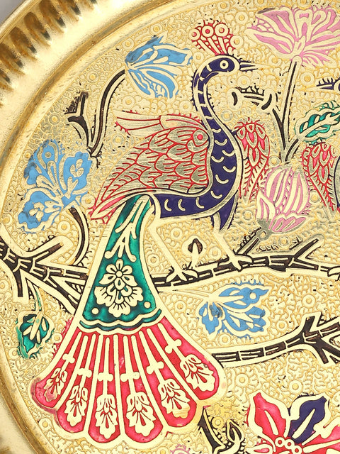 6" Meenakari Peacocks Art Ritual Brass Plate