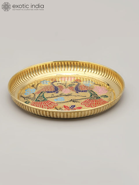 6" Meenakari Peacocks Art Ritual Brass Plate