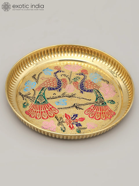 6" Meenakari Peacocks Art Ritual Brass Plate