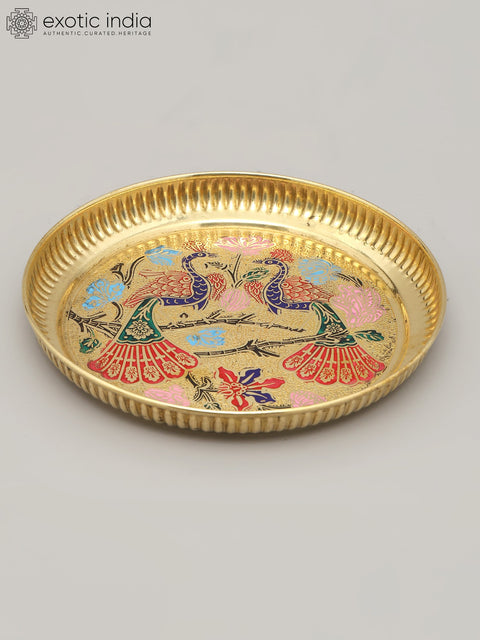 6" Meenakari Peacocks Art Ritual Brass Plate
