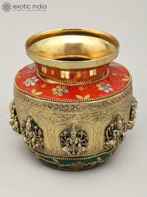 5" Brass Superfine Ashtalakashmi Ritual Kalash with Inlay Work