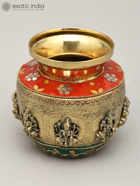 5" Brass Superfine Ashtalakashmi Ritual Kalash with Inlay Work
