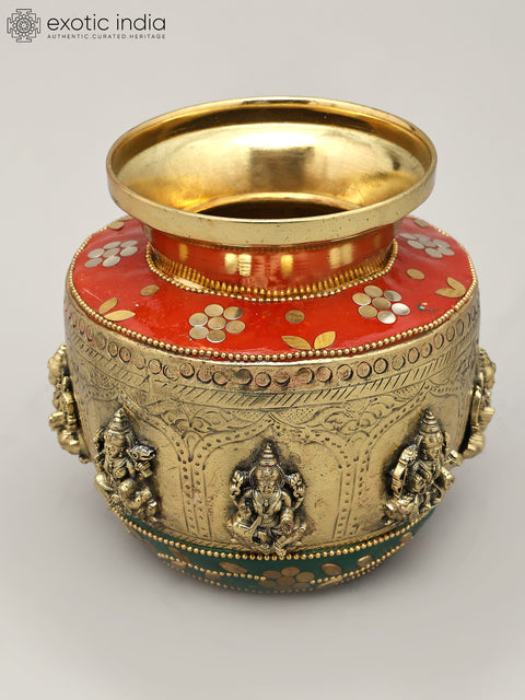 5" Brass Superfine Ashtalakashmi Ritual Kalash with Inlay Work