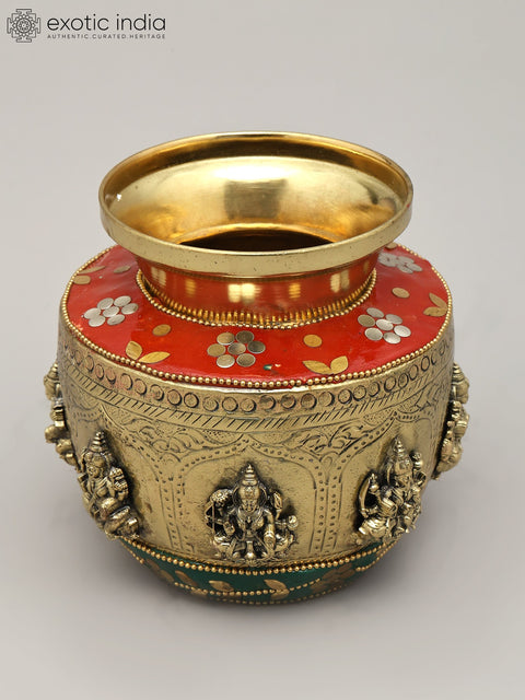 5" Brass Superfine Ashtalakashmi Ritual Kalash with Inlay Work