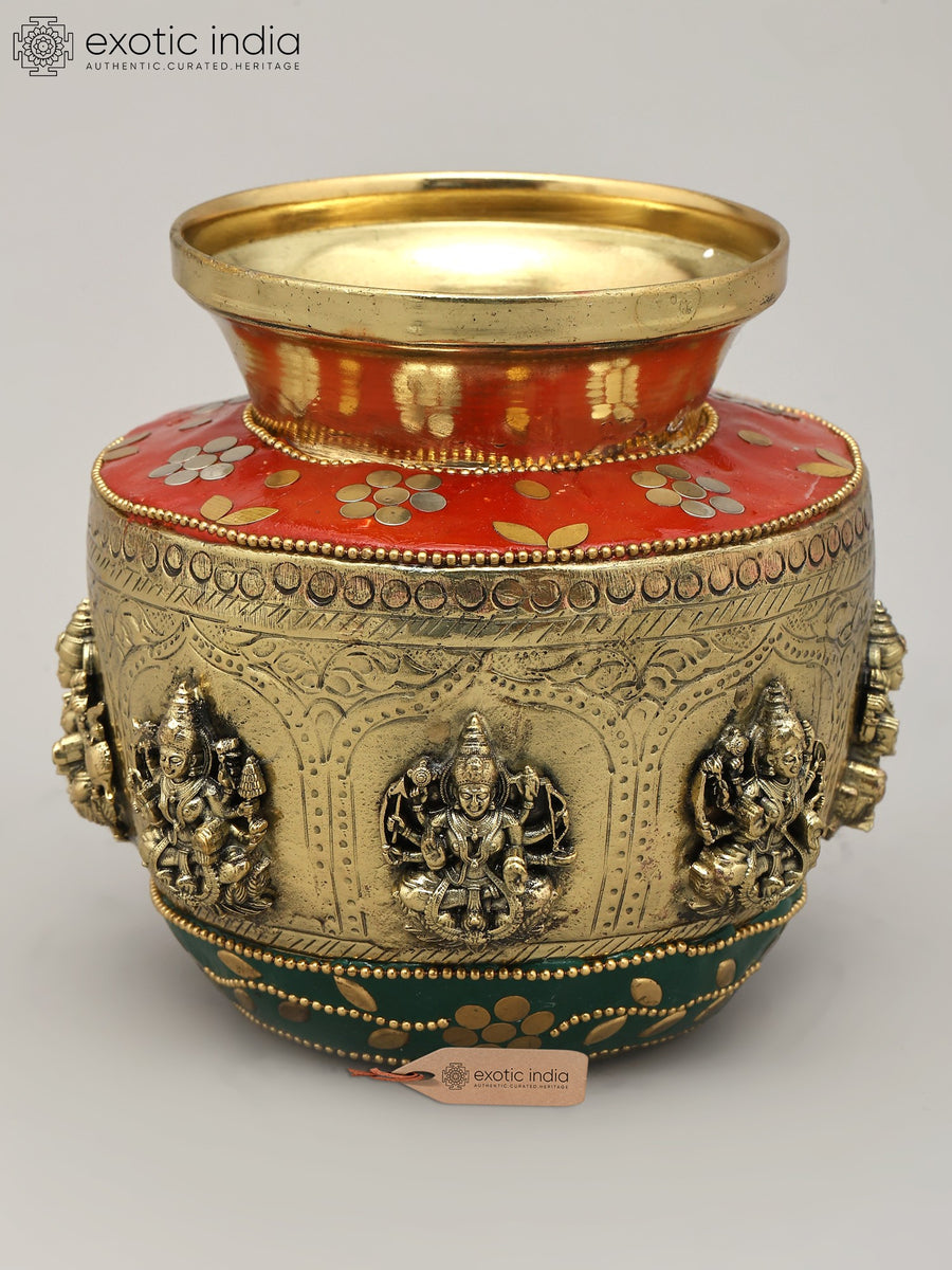 5" Brass Ashtalakashmi Ritual Kalash with Inlay Work