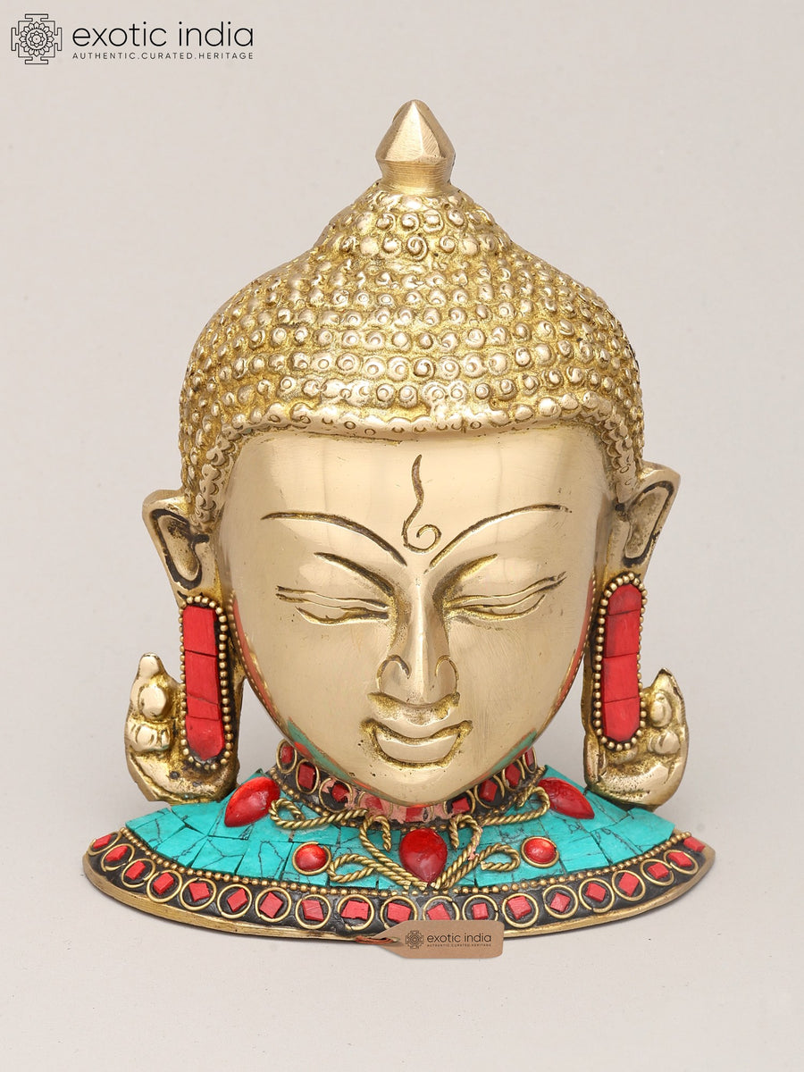 6" Small Brass Buddha Head Wall Hanging Statue with Inlay Work
