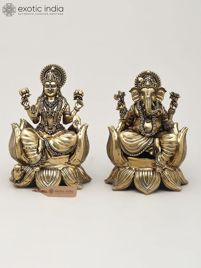 5" Handmade Lakshmi Ganesha Brass Statue Pair on Lotus Seat