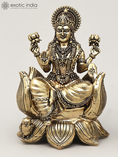 5" Small Superfine Pair of Lakshmi Ganesha Seated on Lotus | Brass Statues