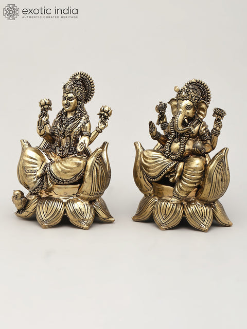 5" Small Superfine Pair of Lakshmi Ganesha Seated on Lotus | Brass Statues