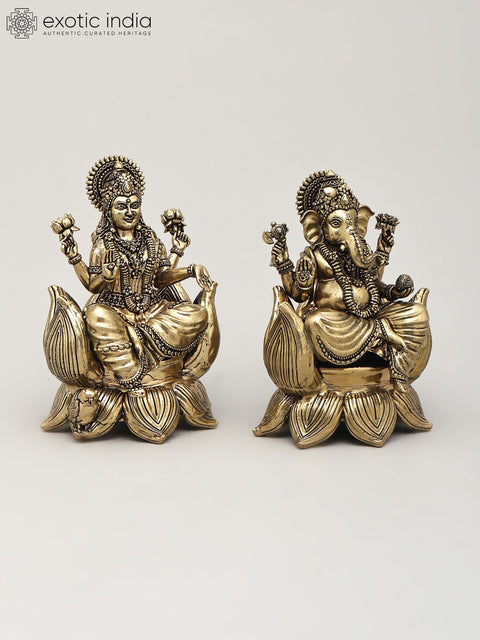 5" Small Superfine Pair of Lakshmi Ganesha Seated on Lotus | Brass Statues