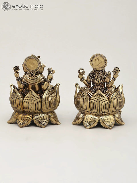 5" Small Superfine Pair of Lakshmi Ganesha Seated on Lotus | Brass Statues