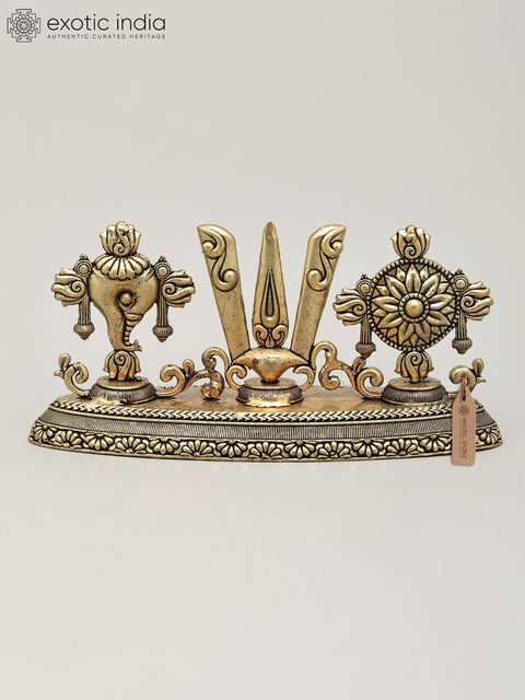 7" Superfine Vaishnava Symbols - Shankha (Conch), Tilak and Chakra | Brass Statue