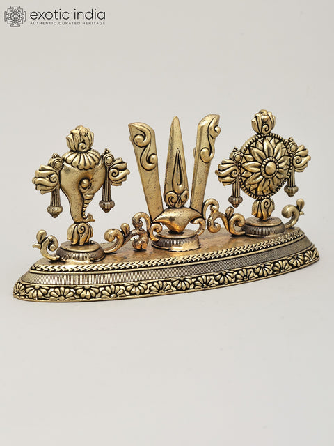 7" Superfine Vaishnava Symbols - Shankha (Conch), Tilak and Chakra | Brass Statue