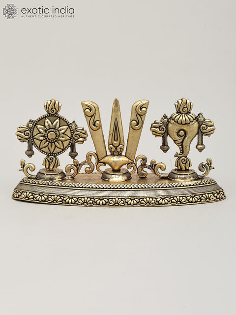 7" Superfine Vaishnava Symbols - Shankha (Conch), Tilak and Chakra | Brass Statue