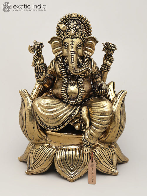 5" Blessing Lord Ganesha Seated on Lotus Brass Statue