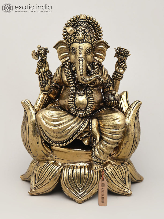 5" Blessing Lord Ganesha Seated on Lotus Brass Statue