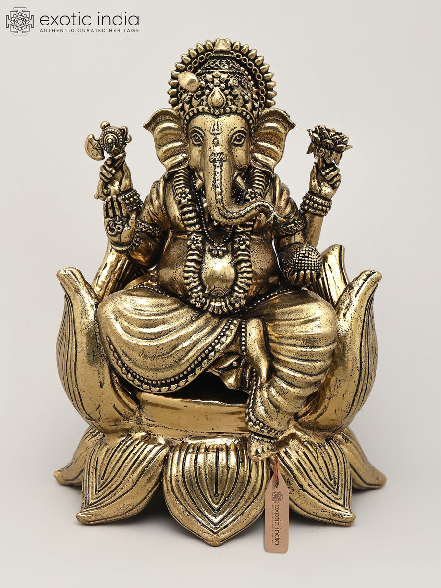 5" Blessing Lord Ganesha Seated on Lotus Brass Statue