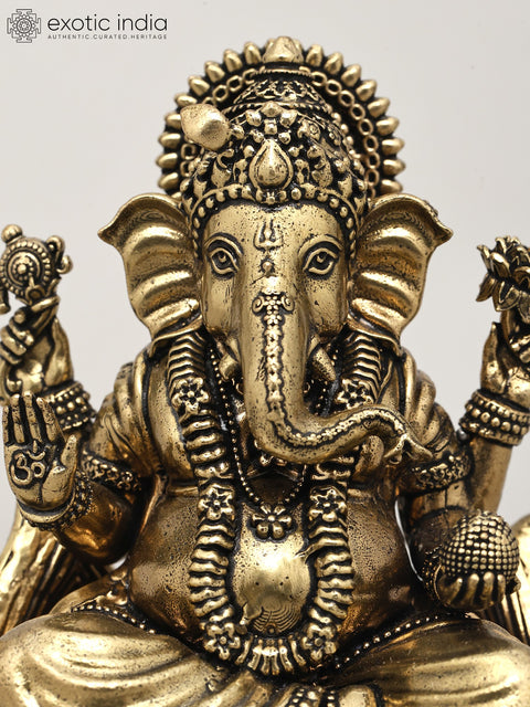 5" Small Superfine Blessing Lord Ganesha Seated on Lotus | Brass Statue